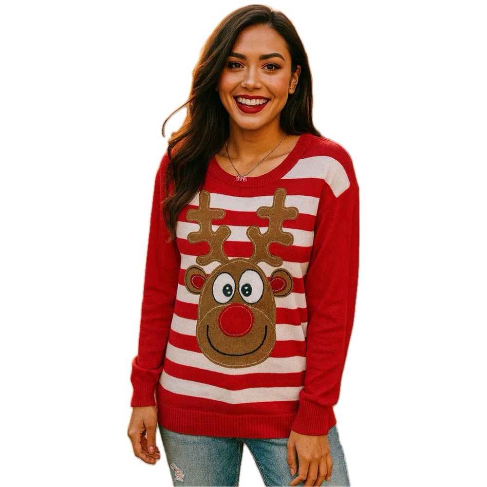 Rue21 Rudolph Sweater Ugly Christmas Reindeer Candy Cane Stripes Red White Large